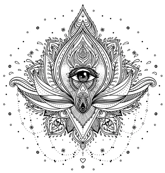 Flor de loto ornamental vectorial, ojo que todo lo ve, indio con dibujos — Vector de stock