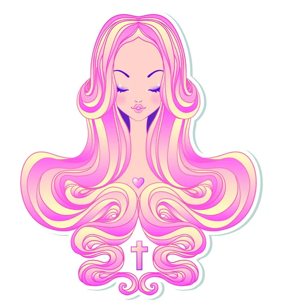 Cute teen girl with closed eyes and long hair. Mix of art nouvea — Stock Vector