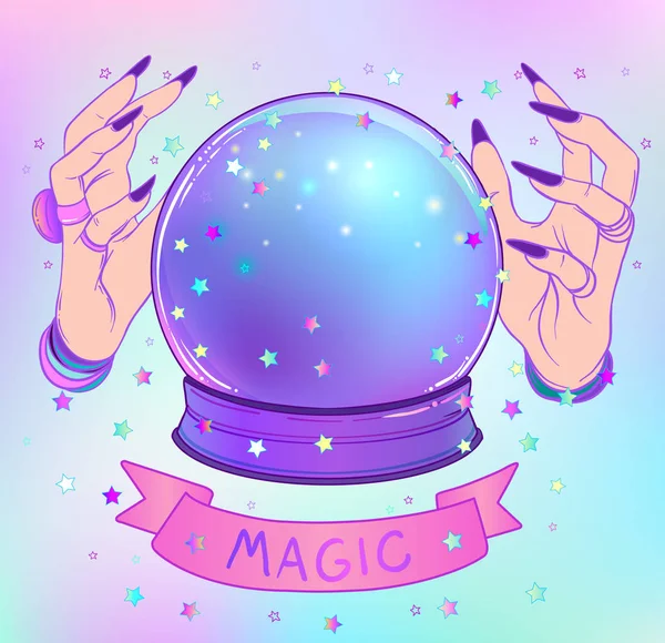 Crystal Ball with purple female alien hands over gradient mesh b — Stock Vector