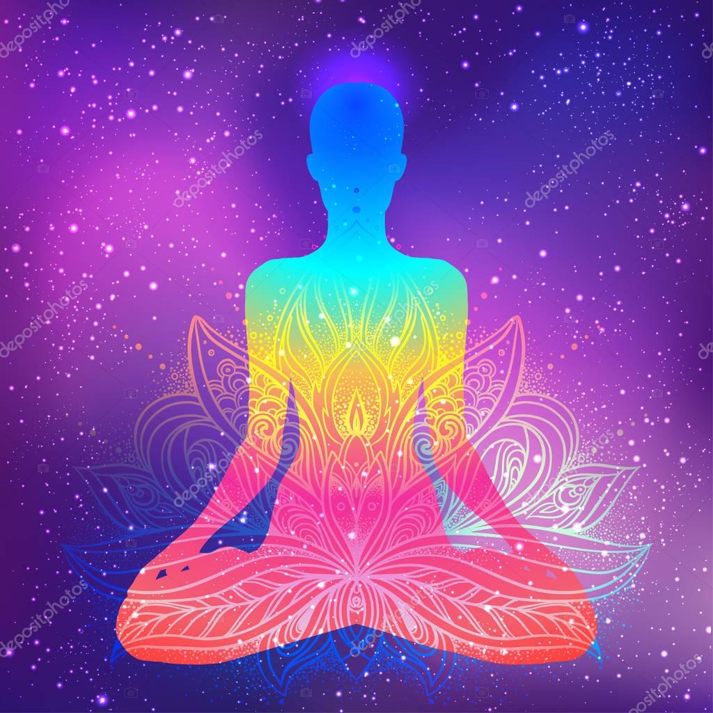 Sitting Buddha silhouette. Vintage decorative vector illustration. Hand drawn mandala. Mehenidi ornate decorative style. Yoga studio, Indian, Buddhism, Esoteric motifs. Tattoo, yoga, spirituality.