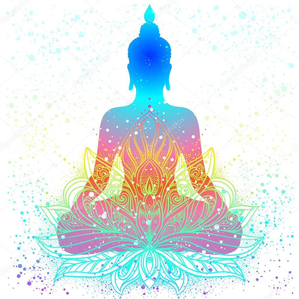 Sitting Buddha silhouette. Vintage decorative vector illustration. Hand drawn mandala. Mehenidi ornate decorative style. Yoga studio, Indian, Buddhism, Esoteric motifs. Tattoo, yoga, spirituality.
