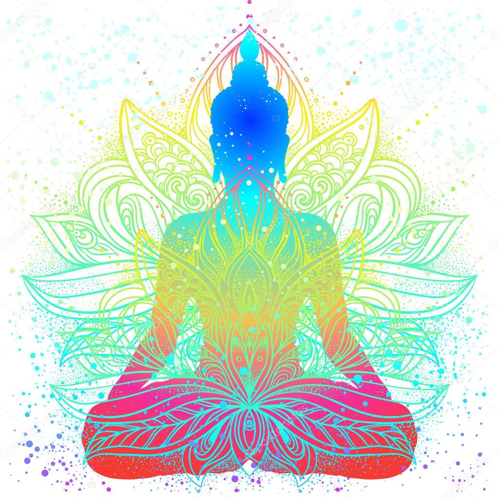 Sitting Buddha silhouette. Vintage decorative vector illustration. Hand drawn mandala. Mehenidi ornate decorative style. Yoga studio, Indian, Buddhism, Esoteric motifs. Tattoo, yoga, spirituality.