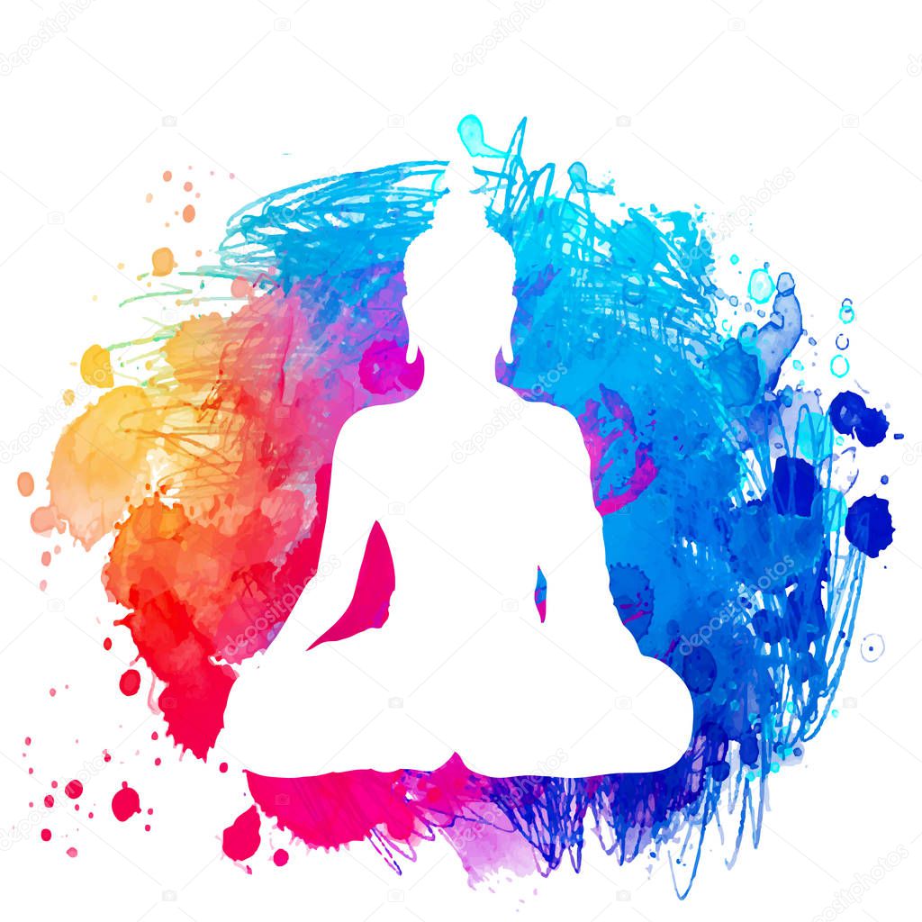 Sitting Buddha silhouette over watercolor background. Vector ill