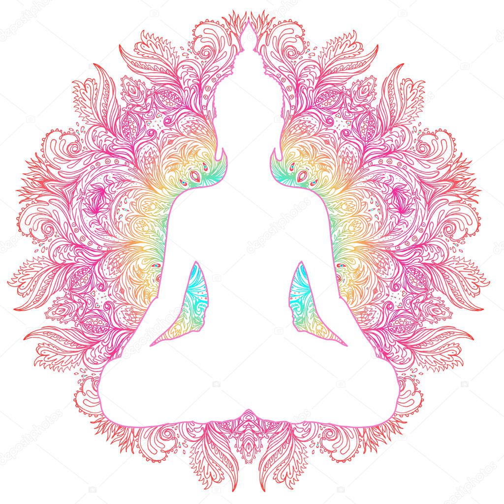 Sitting Buddha silhouette. Vintage decorative vector illustration. Hand drawn mandala. Mehenidi ornate decorative style. Yoga studio, Indian, Buddhism, Esoteric motifs. Tattoo, yoga, spirituality.