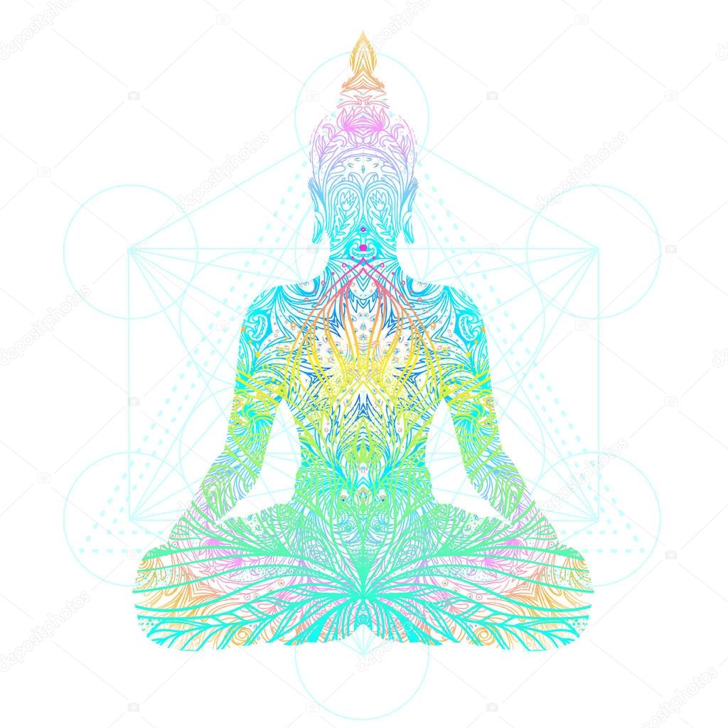 Sitting Buddha silhouette. Vintage decorative vector illustration. Hand drawn mandala. Mehenidi ornate decorative style. Yoga studio, Indian, Buddhism, Esoteric motifs. Tattoo, yoga, spirituality.