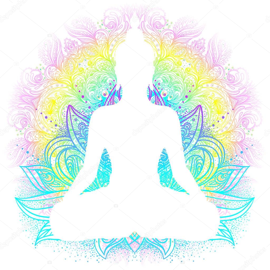 Sitting Buddha silhouette. Vintage decorative vector illustration. Hand drawn mandala. Mehenidi ornate decorative style. Yoga studio, Indian, Buddhism, Esoteric motifs. Tattoo, yoga, spirituality.