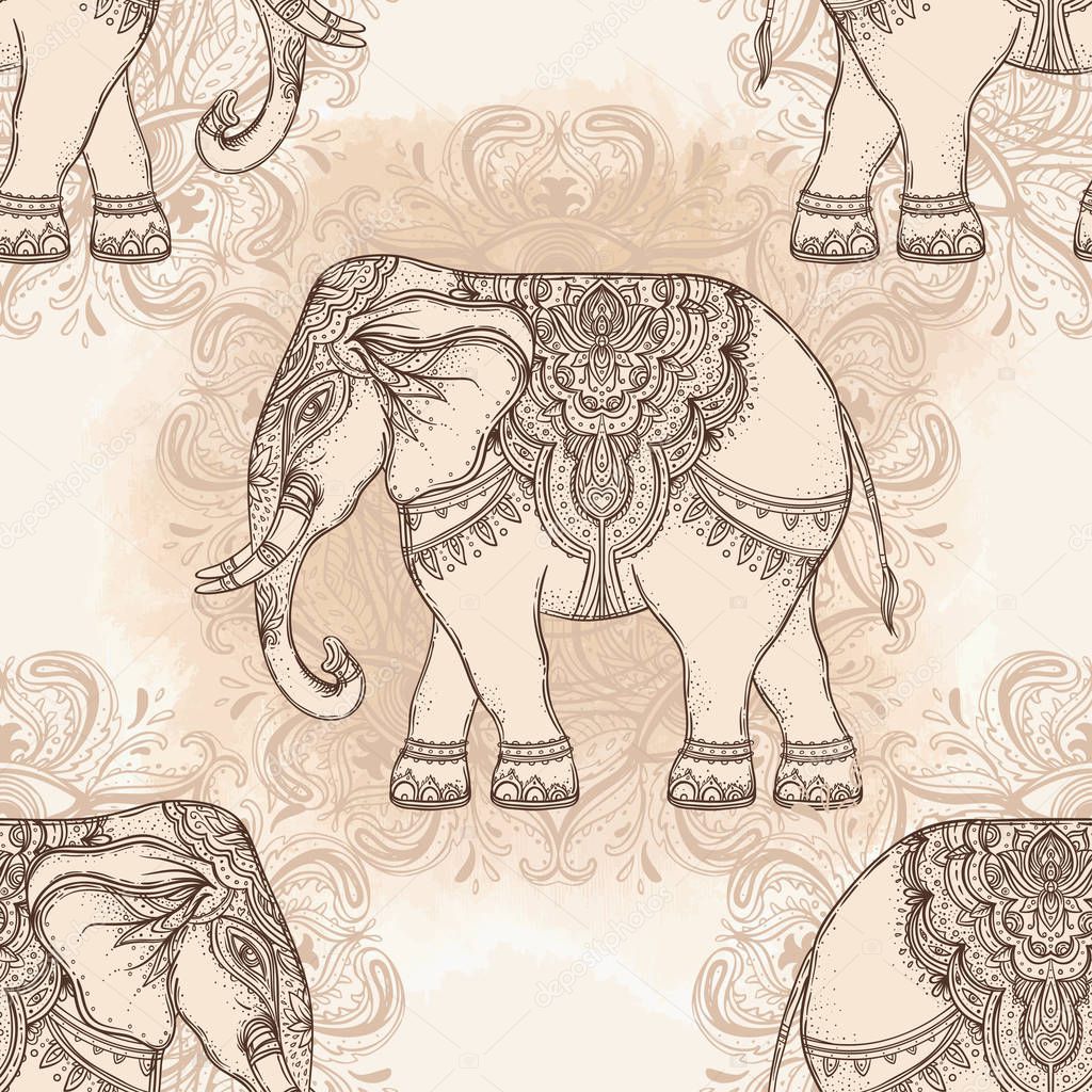 Beautiful hand-drawn tribal style elephant. Seamless pattern des
