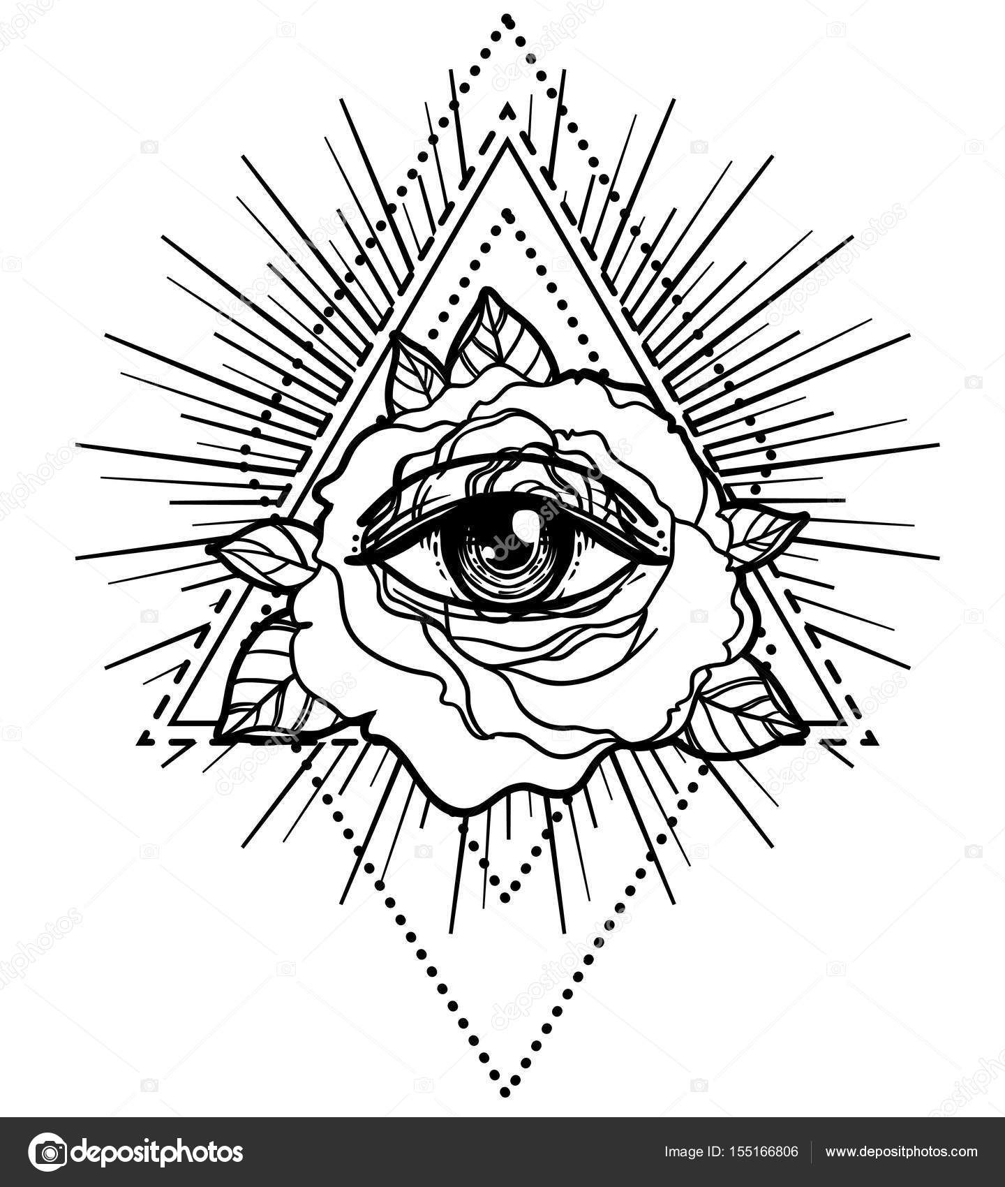 Símbolo del rosacrucianismo. Blackwork tatuaje flash. Todos viendo el