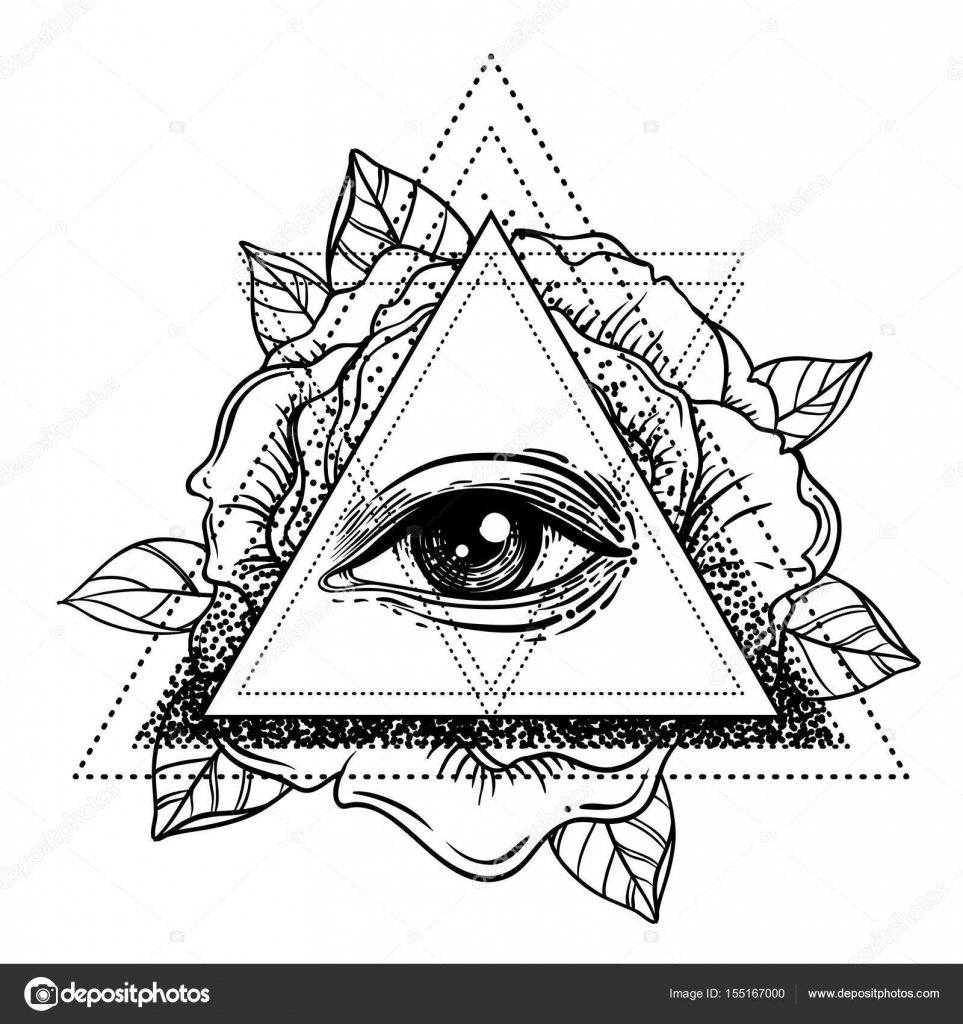 Rosicrucianism symbol. Blackwork tattoo flash. All seeing eye, C