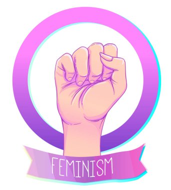 Kadın eli ile onu yumruk kaldırdı. Kız gücü. Feminizm conce
