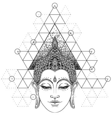 Buda süslü gül çiçek üzerinde oturuyor. Ezoterik vintage vektör 