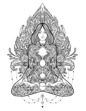 Yoga. Lotus poz ornamen oturan kadın süslü siluet