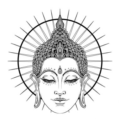 Buda süslü gül çiçek üzerinde oturuyor. Ezoterik vintage vektör 