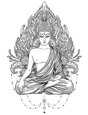 Buda süslü gül çiçek üzerinde oturuyor. Ezoterik vintage vektör 