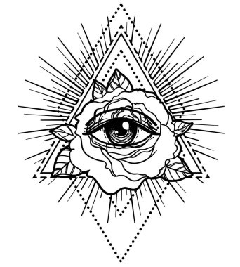 Rosicrucianism sembolü. Siyahişi tattoo flash. Tüm görme göz, C