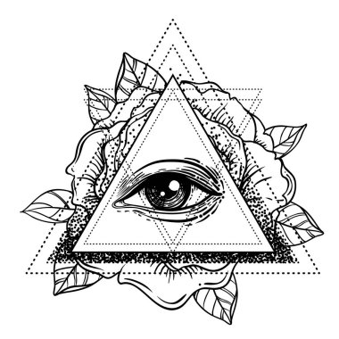 Rosicrucianism symbol. Blackwork tattoo flash. All seeing eye, C clipart