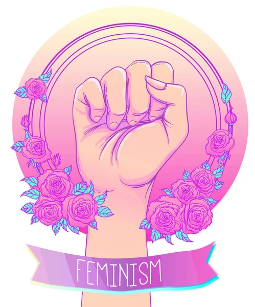 Fight like a girl. Woman's hand with crystal quartz brass knuckl Stock