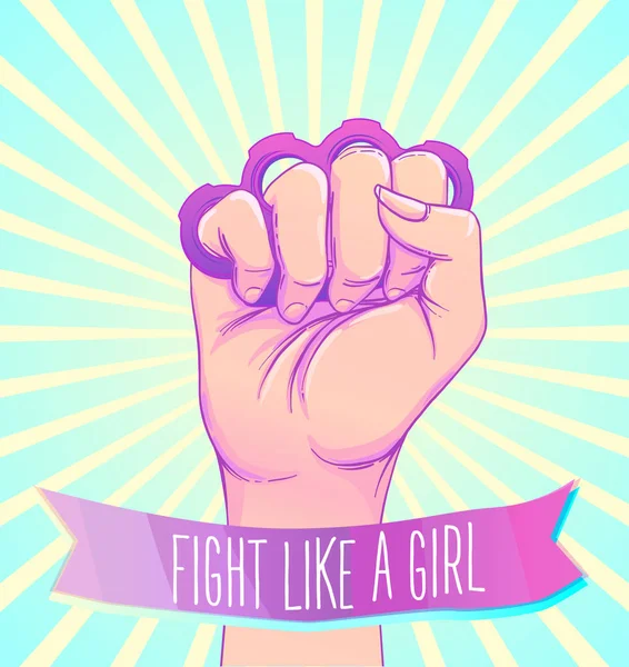 Fight like a girl. Woman's hand with crystal quartz brass knuckl — Stock Vector