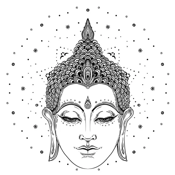 Buda süslü gül çiçek üzerinde oturuyor. Ezoterik vintage vektör 