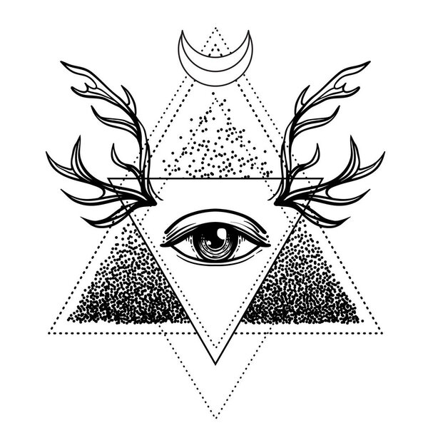 All seeing eye symbol over rose flower and deer antlers. Sacred 