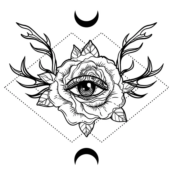 All seeing eye symbool over rose bloem en herten gewei. Heilige — Stockvector