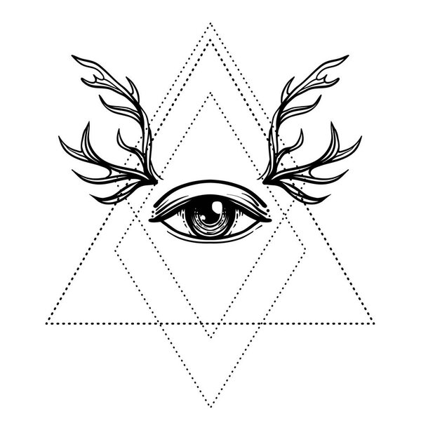 All seeing eye symbol over rose flower and deer antlers. Sacred 