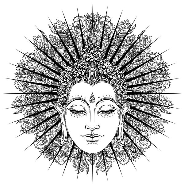 Sitting Buddha over ornate rose flower. Esoteric vintage vector 