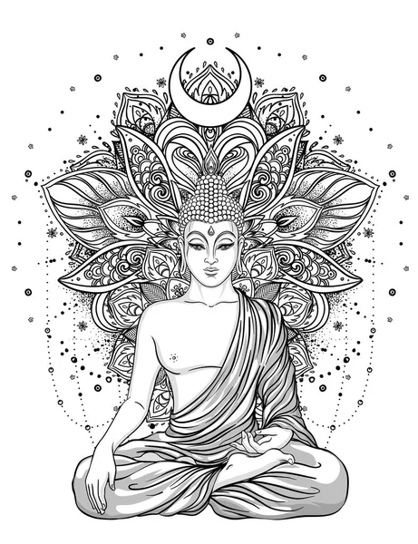 Ülő Buddha át díszes Rózsa virág. Ezoterikus vintage vektor — Stock Vector