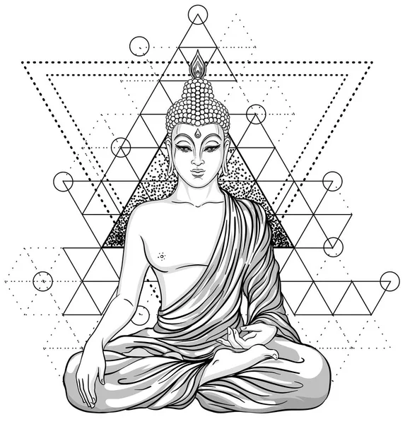 Buda süslü gül çiçek üzerinde oturuyor. Ezoterik vintage vektör 