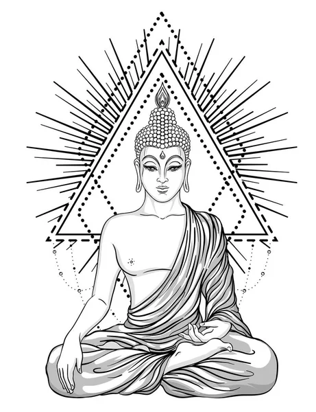 Sittande Buddha över utsmyckade ros blomma. Esoteriska vintage vektor — Stock vektor
