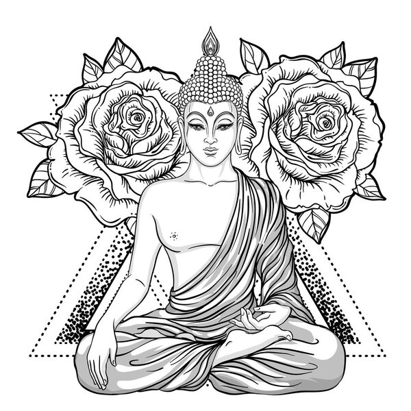 Sitting Buddha over ornate rose flower. Esoteric vintage vector 