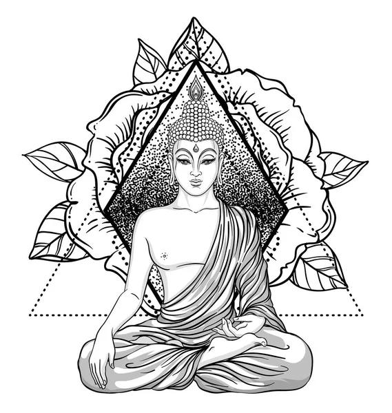 Buda süslü gül çiçek üzerinde oturuyor. Ezoterik vintage vektör 