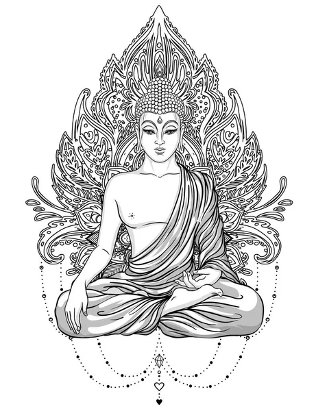 Ülő Buddha át díszes Rózsa virág. Ezoterikus vintage vektor — Stock Vector