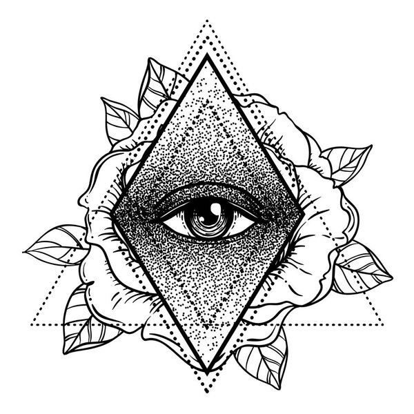 Rosicrucianism symbol. Blackwork tattoo flash. All seeing eye, C