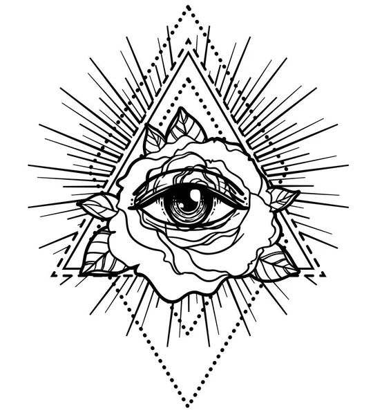 Símbolo del rosacrucianismo. Blackwork tatuaje flash. Todos viendo el ojo, C — Vector de stock