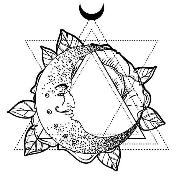 Luna creciente, flor rosa, geometría sagrada. Blackwork tatuaje fl — Vector de stock