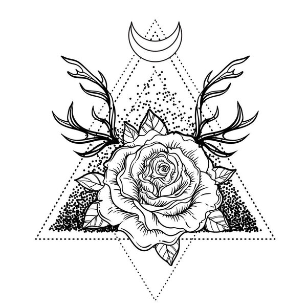 All seeing eye symbol over rose flower and deer antlers. Sacred 