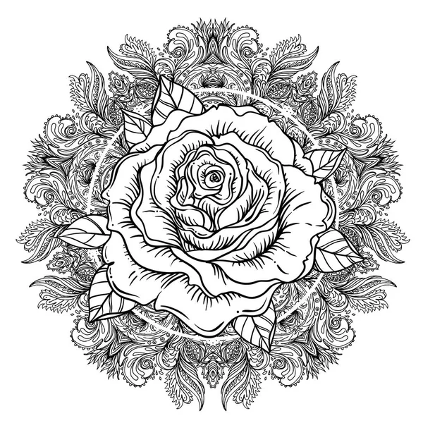 Rosa flor sobre mandala. Flash de tatuaje. Vector i muy detallado — Archivo Imágenes Vectoriales