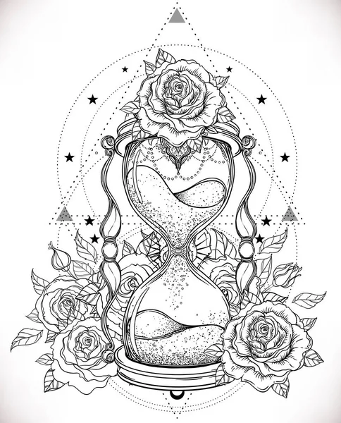 Ozdobny antyczne klepsydra z ilustracja róże — Wektor stockowy