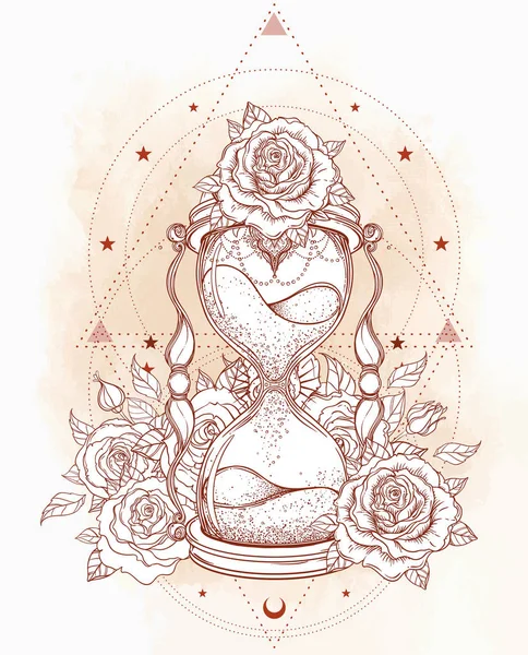 Decorative antique hourglass with roses illustration isolated on — Stock Vector