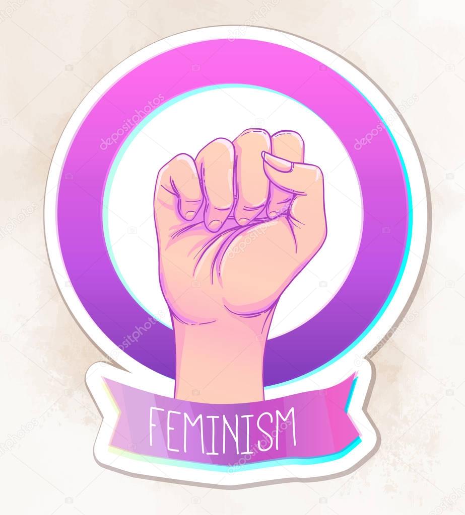 Woman's hand with her fist raised up. Girl Power. Feminism concept. Realistic style vector illustration in pink pastel goth colors isolated on white. Sticker, patch graphic design.