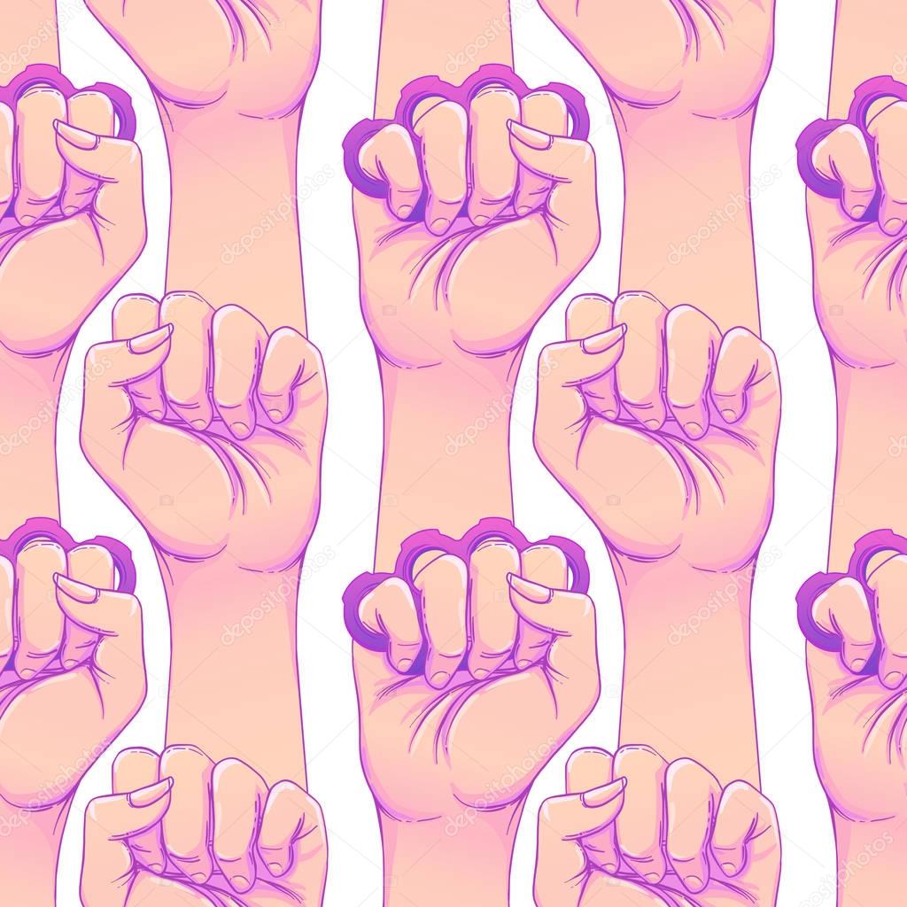 Woman's hand with brass knuckles. Fist raised up. Girl Power. Feminism concept. Realistic style vector illustration in pink and purple pastel goth colors isolated on white. Seamless pattern design.