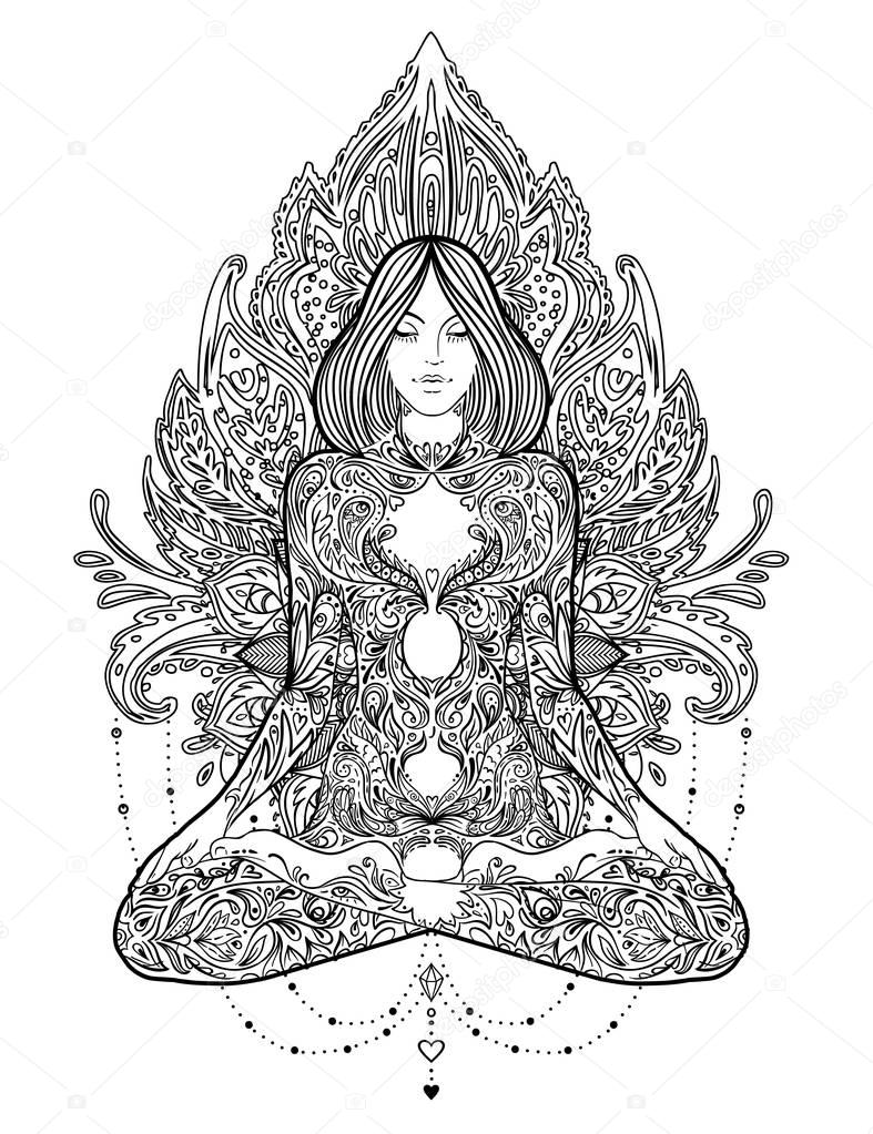 Yoga. Woman ornate silhouette sitting in lotus pose over ornamen
