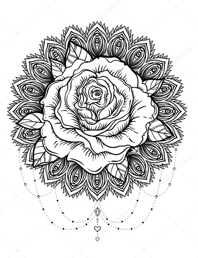 Download Fleur rose dessiné de la main sur mandala tour orner ...