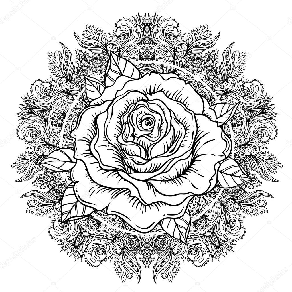 Download Rose fleur au mandala. Tattoo flash. Vector très détaillée ...