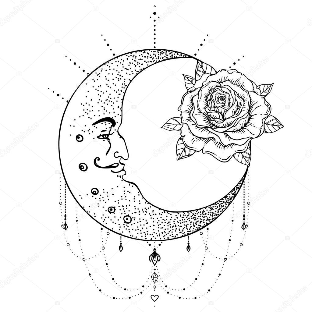 Crescent moon, rose flower, sacred geometry. Blackwork tattoo fl
