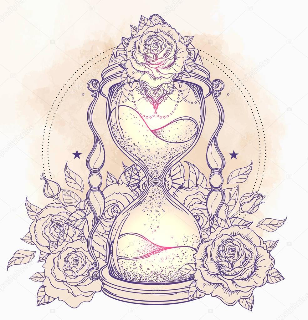 Decorative antique hourglass with roses illustration isolated on