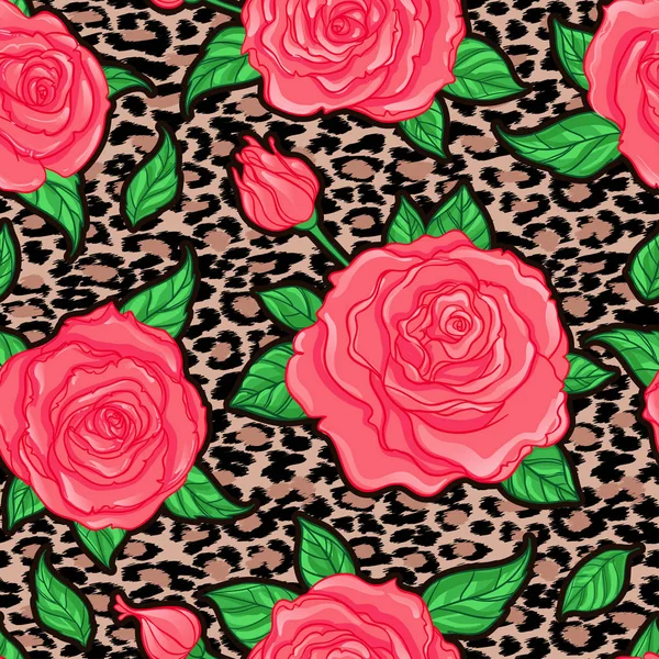Élégant motif floral vintage sans couture sur fond de peau de léopard — Image vectorielle
