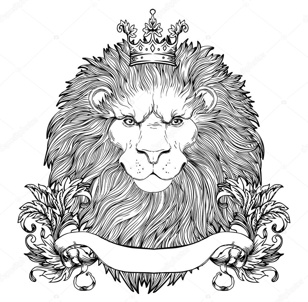 Decorative illustration of heraldic Lion Head with royal crown a