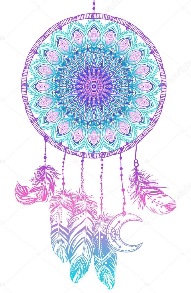 Hand drawn Native American Indian talisman dreamcatcher with fea